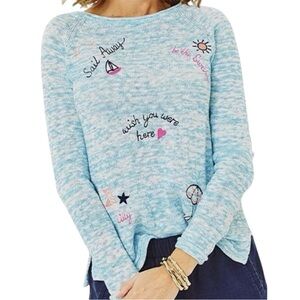 Lilly Pulitzer Danette Sweater‎ M Celestial Blue Marl Sailabration Embroidery